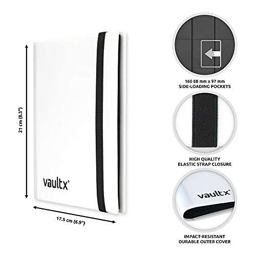 Vault X 4 Pocket Strap Trading Card Binder 160 Cards Side Loading (White) | Holds 160 standard-size TCG cards in 20 side-loading 4-pocket pages. Padded, water-resistant cover. - color: White