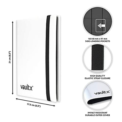 Vault X 4 Pocket Strap Trading Card Binder 160 Cards Side Loading (White) | Holds 160 standard-size TCG cards in 20 side-loading 4-pocket pages. Padded, water-resistant cover. - color: White