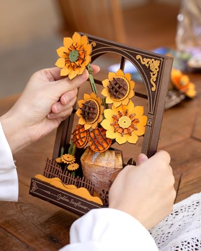 3D Wooden Puzzles for Adults - Van Gogh Golden Sunflower DIY Model Building Kits with LED Light - Gifts for Mothers Day - Home Decor, Wall Art & Unique Creative Gifts for Art Lovers/Men/Women - style: Golden Sunflower