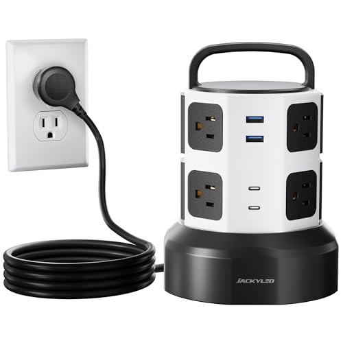 Tower Surge Protector Power Strip, JACKYLED Extension Cord with Multiple Outlets, 8 Outlets 4 USB Ports(2 USB C) 1625W/13A Retractable Cord Charging Station with 1050J Protection, Home Office Supplies - color: White Black, size: Small-6.5ft