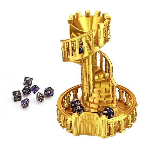 7 Inches Tall Spiral Staircase Dice Rolling Tower Castle Theme Dice Roller for Tabletop RPG DND Pathfinder Board Games Unique Dice Rolling Accessory Decoration (Gold)