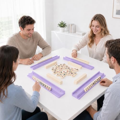 5Pcs Mahjong Racks with Pushers Wooden American Mahjong Tile Pushers and Racks Set with Mah Jong Rack Drawstring Bag Mah Jong Accessories for Players Gifts Home Game Night Party Supplies (Lilac) - color: Lilac