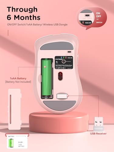 RAPIQUE Bluetooth Wireless Mouse - Dual Bluetooth & 2.4 GHz USB Receiver, Ergonomic Design, Quiet Clicks, Low Power - Multi-Device Compatibility for MacBook, Laptop, Computer, iPad Air/Pro (Pink) - color: Pink