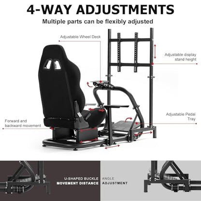 Supllueer Racing Sim Cockpit with Ergonomic Seat and Single Monitor Stand | 50mm Large Round Tube Simulator Stand Fit for Logitech/Fanatec/Thrustmaster G27 G923 G920 , No Steering Wheel Shift Pedal TV