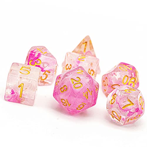UDIXI 7PCS Glitter DND Dice Set Resin RPG Polyhedral Dice Set for D&D | Pink & White Swirl, Gold Number, Velvet Dice Bag Packaging, for Dungeons and Dragons Role Playing Games and Tabletop Games - color: Pink White
