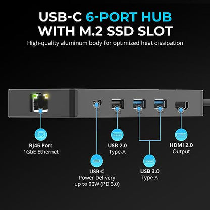 SABRENT USB-C Hub & SSD Enclosure, 6-Port Dock with M.2 SSD Slot, 90W Power Delivery, USB 3.0 & 2.0 Ports, 4K HDMI, RJ45 Gigabit Ethernet (HB-6PNV) - color: Dark Gray