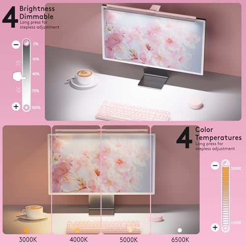 Quntis 20" Pink Monitor Light Bar with 15 RGB Modes, Flat & Curved Fits | Eye-care No Glare Ra95 Frontlight with Remote Stepless Brightness & Color Temperature, WFH Gaming Reading, Modern Aesthetic - color: Pink