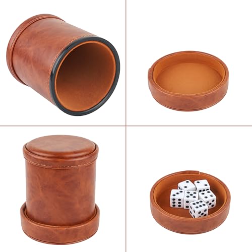 Brown PU Leather Dice Cup with Lid, Velvet Interior Quiet Dice Shaker Cup with 6 Dice for Liars Dice/Farkle/Yahtzee Games, 1 Pack - color: Brown