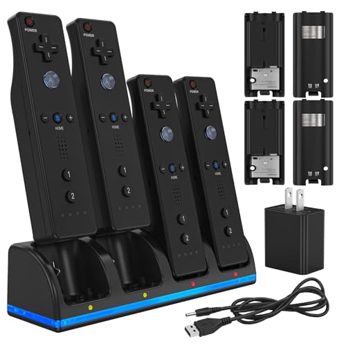 Remote Controller Charger for Wii/Wii U With 4 Pack 2800mAh Rechargeable Battery Pack, 4 Port Charging Station for Controller, Remotes Not Included - color: Black, size: 7.4 * 2.1 inches