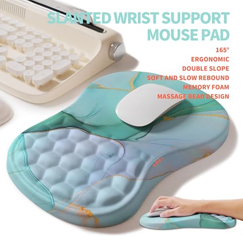 2-in-1 Ergonomic Set, Wave Rise Keyboard Wrist Rest and Massage Bulge Slope Mouse Pad Wrist Support, Cushion Memory Foam Integrated to Relieve Wrist Pain, Blue Gold Marble - color: Blue Gold Marble