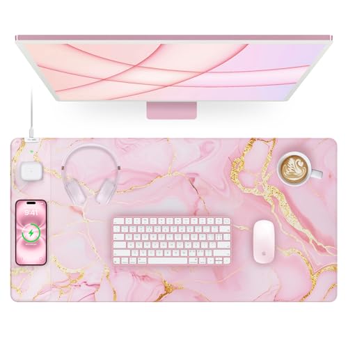 Pink Marble Mouse Pad with 15W Wireless Charging, 31.5"x15.8" in | Large Gaming Desk Pad/Mat for Women Girls, Waterproof Ultra-Smooth Surface, Non-Slip Base - color: Pink Marble-31.5"x15.8"