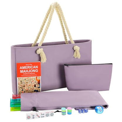 American Mahjong Tile Set, 166 White Tiles with Purple Bag, Accessories, 4 Mahjong Racks with Pushers, Mahjong Set for Beginners (Ma Jong, Mah-Jongg) - color: Purple