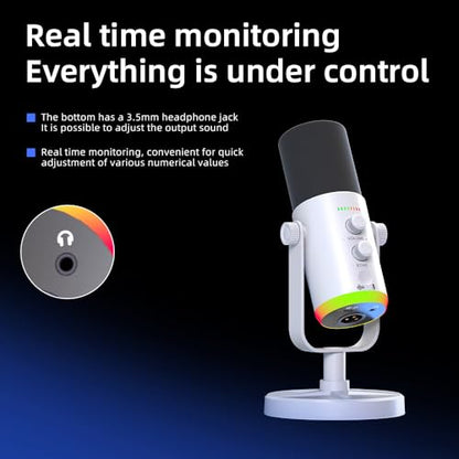 USB/XLR Desktop Dynamic Microphone with RGB Lighting, Noise Reduction, Mute Button & Headphone Jack - Podcast, Gaming, Streaming Mic for PC & Computer (White) - color: White