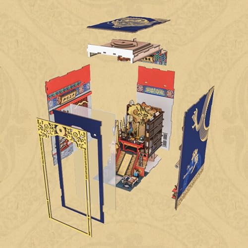 MiniCity Emperor's Study Book Nook Kit, 3D Wooden Bookshelf Puzzle with LED | 7.1 x 4.3 x 9.1 in; 443 pieces, LED and dust cover; glue/tools and guide included; 8-10 hr DIY build for display, ages 14+. - style: The Emperor's Study