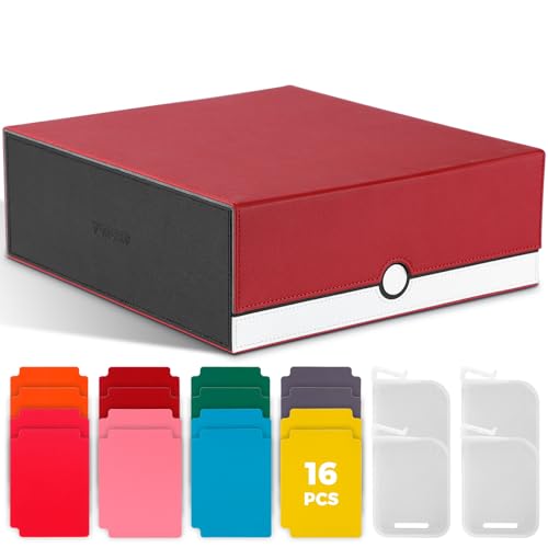 tombert White & Red Trading Card CaseHolds 3200+ Cards, Includes 16 Dividers& 4 Customizable Inserts, SecureMagnetic Closure for MTG, YuGiOh,Sports & More (4 Rows) - size: 3200+