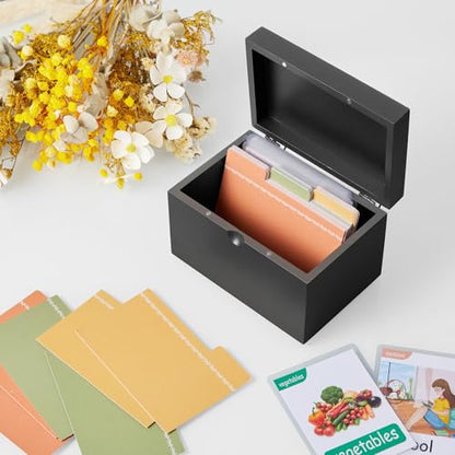 DRASTAR Index Card Holder 3x5, Wooden Index Card Organizer Box with 45 Index Card Dividers, Flashcard Notecard Holders for Home Office, Black - color: Black