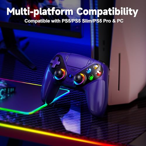 Gamrombo LED Wireless Controller for PS5, Compatible with PS5 Pro/Slim/PC, n, 3.5mm Audio Jack, 6-Axis Motion Control Gamepad with Speaker, Dual Vibration, Macro/Turbo Functio (Purple) - color: Purple
