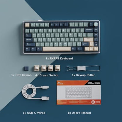 RK ROYAL KLUDGE R75 Wireless Mechanical Keyboard, 75% Percent Custom Gaming Keyboard Gasket Mount RGB Backlit with Knob & PBT Keycaps, BT5.1/2.4GHz/USB-C, Hot Swappable Cream Switch - color: Blue