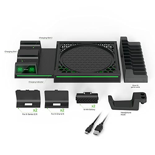 Vertical Stand Compatible with Xbox Series X Console, Dual Charging Station with 2 Rechargeable Battery for Xbox Series X Controller, with 10 Game Card Slot and Headphones Holder & 4 Cover…