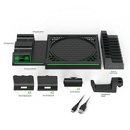 Vertical Stand Compatible with Xbox Series X Console, Dual Charging Station with 2 Rechargeable Battery for Xbox Series X Controller, with 10 Game Card Slot and Headphones Holder & 4 Cover…