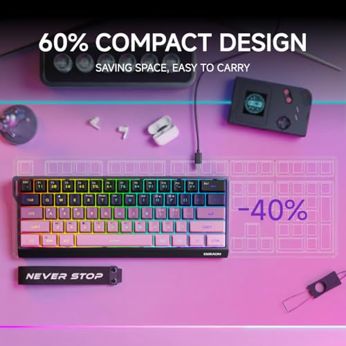SEUNKWANG F61 60% Gaming Keyboard Wired, RGB Backlit Membrane Keyboard with PBT Keycaps, Compact Design, Lanyard Wired Keyboard for Mac/Win (Black Pink, Wired) - color: Black Pink