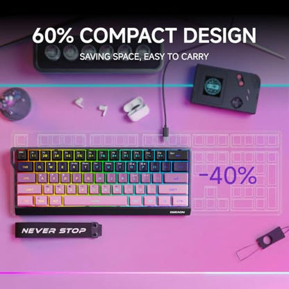 SEUNKWANG F61 60% Gaming Keyboard Wired, RGB Backlit Membrane Keyboard with PBT Keycaps, Compact Design, Lanyard Wired Keyboard for Mac/Win (Black Pink, Wired) - color: Black Pink