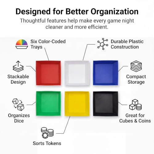 Board Game Token Trays – Stackable Plastic Game Piece Organizers, Dice, Cubes, Coins & Components – Color Coded Tabletop Gaming Accessory for Family Game Night, RPG & Strategy Games (6)
