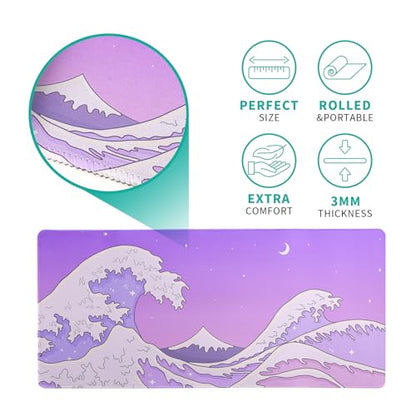 Purple Japanese Sea Wave Gaming Mouse Pad - Large Desk Mat with Non-Slip Base and Stitched Edge for Gaming and Office - 31.5x11.8 Inch - color: Purple Japanese Sea Wave