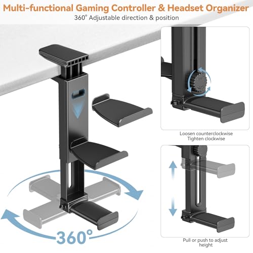 Headphone Stand & Under Desk Controller Holder with Adjustable Clamp, Controller Stand & Headset hanger for Desk Mount with 360° Rotating Hook & Cable Organizer 3-in-1 Game Organizer, Headphone Cases - size: 3 Hooks