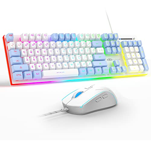 MageGee GT838 Gaming Keyboard and Mouse Combo, 104 Keys RGB Backlit Quiet Wired Keyboards for Laptop PC MAC, with Number Pad, Metal Panel, Anti-Ghosting, White Blue - color: White Blue