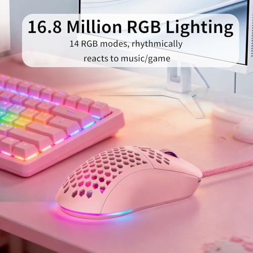 MR.FOX M1 Ultralight Honeycomb Gaming Mouse Wired, 75g Lightweight, 12,800 DPI Optical Sensor, RGB Lighting with Music Sync, 6 Programmable Buttons, Braided Cable, Gaming Mouse for PC/Mac, Pink - color: Pink