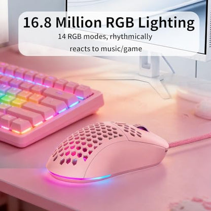 MR.FOX M1 Ultralight Honeycomb Gaming Mouse Wired, 75g Lightweight, 12,800 DPI Optical Sensor, RGB Lighting with Music Sync, 6 Programmable Buttons, Braided Cable, Gaming Mouse for PC/Mac, Pink - color: Pink