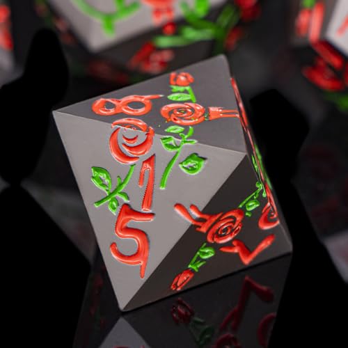 Gothic DND Dice Set Bleeding Rose Metal D and D Dice for use with Dungeons Dragons D&D Role Playing Game, Red RPG Blood Polyhedral Dice Set D20 D12 D10 D8 D6 D4 - color: Red&black&red Numbers
