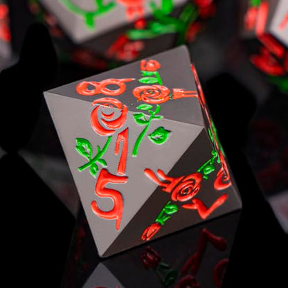 Gothic DND Dice Set Bleeding Rose Metal D and D Dice for use with Dungeons Dragons D&D Role Playing Game, Red RPG Blood Polyhedral Dice Set D20 D12 D10 D8 D6 D4 - color: Red&black&red Numbers