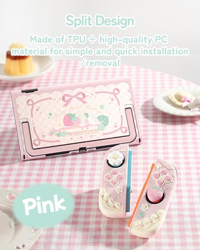 GeekShare Strawberries with Cream Case Compatible with Switch 2, Slim Separable Soft Silicone Protective Shell with 2 Thumb Grip Caps -- Pink - color: Pink Strawberries, size: For Switch 2