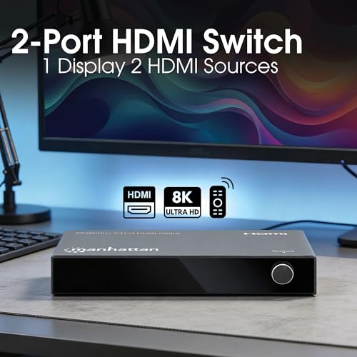 Manhattan HDMI 2.1 8K@60Hz 2 Port HDMI Switch -HDMI Switcher 2 in 1 Out with IR Remote, 8K 48Gbps, 4K@120Hz, Auto Selector Hub Support-3 Yr Mfrg Warranty-207942