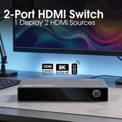 Manhattan HDMI 2.1 8K@60Hz 2 Port HDMI Switch -HDMI Switcher 2 in 1 Out with IR Remote, 8K 48Gbps, 4K@120Hz, Auto Selector Hub Support-3 Yr Mfrg Warranty-207942