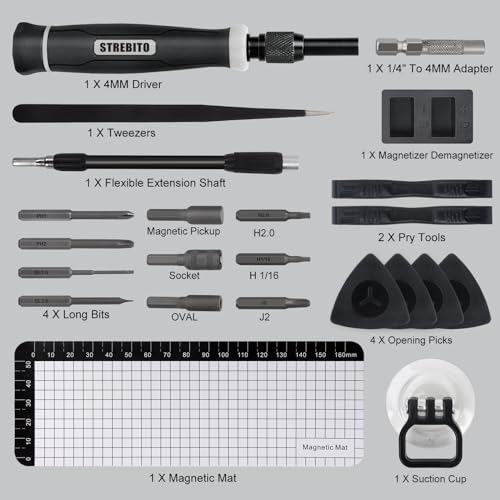 STREBITO 153 in 1 Precision Screwdriver Set, Mini Screwdriver Set with Case | 140 Magnetic Precision Bits, Practical Accessories, Electronics Tool Kit for Computer, Laptop, Phone, PC, Game Controller, RC - color: Black
