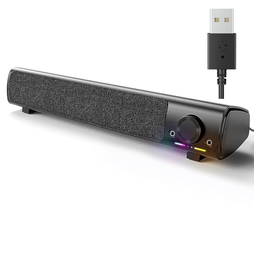 Computer Speakers, USB Powered 3.5mm AUX PC Sound Bar for Desktop Monitor, Gaming Speakers with Headphones & Microphone Link, Superb Stereo Sound, Plug-n-Play (Black) | USB-powered desktop PC soundbar with 3.5mm AUX and mic/headphone jack. Superb stereo s