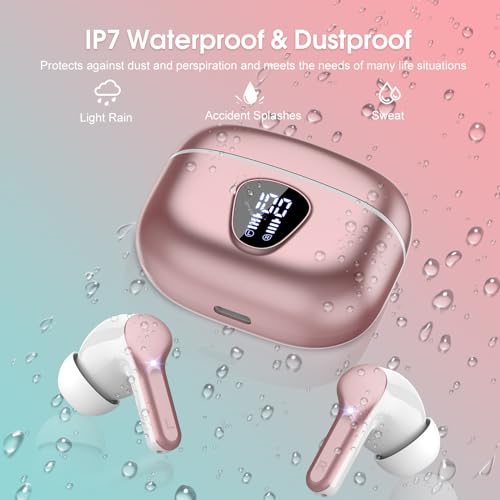 Wireless Earbuds, Bluetooth 5.4 Headphones HiFi Stereo, Bluetooth Earbuds with ENC Noise Cancelling Mic, IP7 Waterproof in Ear Earphones, 48H, LED Display Ear buds for Pad Workout Sports, Rose Gold - color: Rose Gold