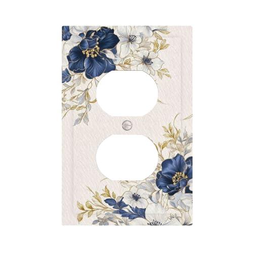 Decorative Outlet Covers Navy Blue Gold Floral Elegant Botanical Art 1 Gang Duplex Light Switch Cover Plate Unique Wall Plates Switch Plate Cover for Luxury Design Living Room Bedroom - color: Navy Blue Floral, size: 1 Gang Duplex
