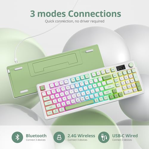 RGB Mechanical Feel Membrane Wireless Keyboard, Wired/Bluetooth/2.4G Silent ABS Ball Cap Gasket Structure Gaming Office Keyboard for PC/Mac/Win(White Green) - color: White green