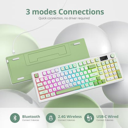 RGB Mechanical Feel Membrane Wireless Keyboard, Wired/Bluetooth/2.4G Silent ABS Ball Cap Gasket Structure Gaming Office Keyboard for PC/Mac/Win(White Green) - color: White green