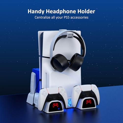 NexiGo PS5 / PS5 Slim Stand, Silent Cooling, Dual Controllers Charger for Playstation 5 Console, 3 Level Adjustable Fan Speed, PS5 / PS5 Slim Accessories, Headset and Remote Holder, White