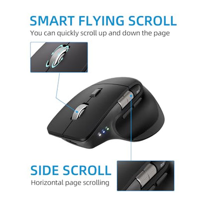 INFINMIND Ergonomic Wireless Bluetooth Mouse with 6 Programmable Buttons(Mac/Windows), Multi-Device, Flying Scroll & Side Wheel, 5 Level DPI, Rechargeable Silent Mice for Laptop, PC, Tablet, MacBook.