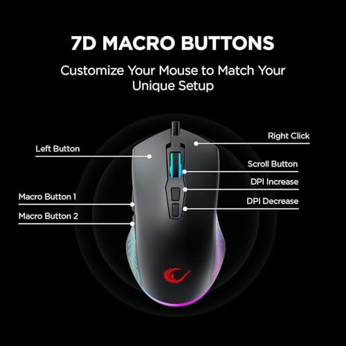 Rampage Spear V2 Black Wired Gaming Mouse with RGB Lighting – 12800 DPI, 7 Programmable Buttons, Lightweight Ergonomic Gaming Mouse for PC/Mac/Laptop Gamers - color: Black