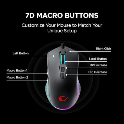 Rampage Spear V2 Black Wired Gaming Mouse with RGB Lighting – 12800 DPI, 7 Programmable Buttons, Lightweight Ergonomic Gaming Mouse for PC/Mac/Laptop Gamers - color: Black
