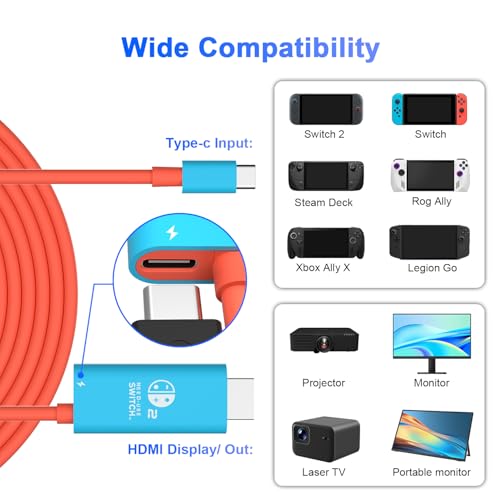 Switch 2 Dock HDMI Cable,Portable Travel TV Adapter with 4K@60Hz for Switch2/ Switch OLED/Steam Deck/Rog Ally/Xbox Ally X/Legion Go, 100W PD in with 6.6 FT Charging USB C to HDMI Cable