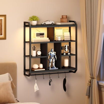 HOOBRO Gaming Floating Shelves with LED Light, 28.1" LED Wall Shelf Black | 4-Tier Wall Mounted Shelves for Storage, Floating Wall Shelf Display Rack With Hanging Rod, for Bedroom Game Room Living Room - color: Black