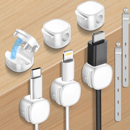 6 Pack,Magnetic Cable Clips & Silicon Cable Ties Cable Organizer | [Cable Smooth Adjustable Under Desk Organizer],Cable Management,Cord Holder-Desk Stand Holding,Adhesive Home Cable Keeper - color: White